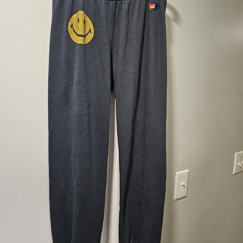 Aviator Nation Charcoal Gray Sweatpants with Yellow Smiley